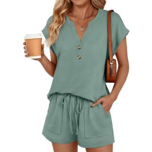 LILLUSORY Womens Henley 2 Piece Short Sets Summer 2026 Lounge Spring Beach Airport Travel Vacation Outfits Matching Sweatsuit (Medium, Sage Green)