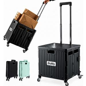 Boltly Folding Utility Cart Portable Rolling Crate Handcart Shopping Trolley Collapsible Tool Box, with Lid, Basket on 4 Rotating Wheels, for Grocery, Garden, Office, Storage, Teacher, Tool (Black)