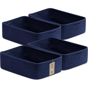 MiniArk Large Shallow Organizing Baskets 15x11x5.1 Inches - Rope Woven Storage Bins for Bathroom, Shelves, Cube Closet, Navy Blue 4 Packs