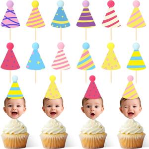 DIY Baby Face Photo Cake Topper Kit 36 Pcs Flat Birthday Hats with Pom Poms & Wooden Stick for First Birthday Personalized Cake Decoration Baby's Cupcake Topper(Rainbow Color,Stylish Style)