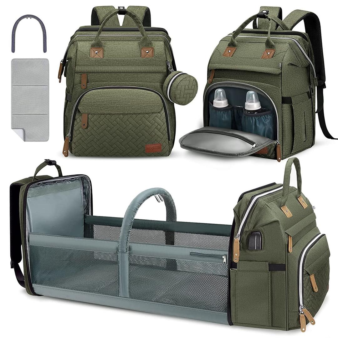 DERJUNSTAR Baby Diaper Bag Backpack with ChangingStation-Large Capacity Baby Bag for Boys & Girls, USBCharging Port, Pacifier Case, sunshade & Toy Bar,Waterproof Forest