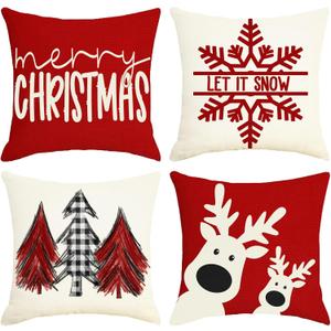 Sunboom Christmas Pillow Covers 18x18 Set Of 4, Christmas Farmhouse Decoration Holiday Winter Throw Pillow Covers, Red Snowflake Merry Christmas Tree Reindeer Linen Pillow Cases, Xmas Decor Home Couch