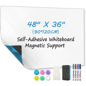 MaxGear White Board 48"x36" Adhesive Dry Erase Board Large Whiteboard Sticker for Wall, Big Wallpaper for Office, Classroom, Home, 4 Markers, 1 Marker Holder, 1 Eraser, 4 Magnets, 4' x 3'