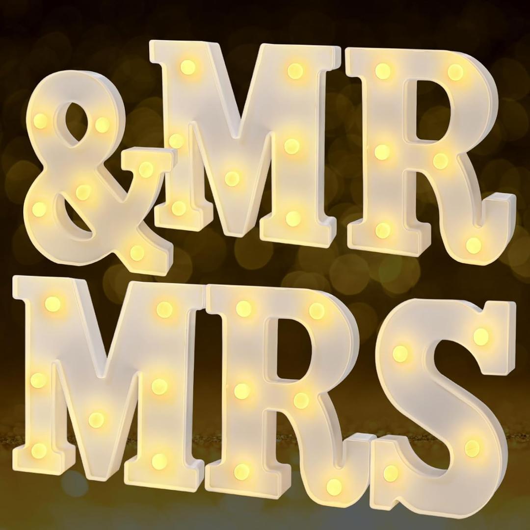 JUSTOTRY 6Pcs Mr & Mrs LED Light Up Letters, 6.2 Inch Shiny Freestanding Mr and Mrs Sign Lights for Marriage Anniversary Celebration Engagement Banquet Wedding Table Decoration (Warm White), 3.94 inches