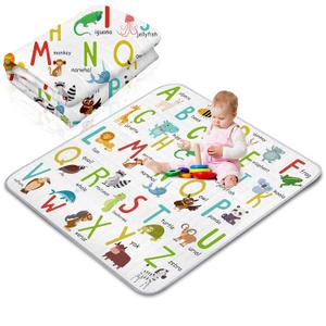Funtery 43 x 43 Inch Boho Baby Play Mat Portable Crawling Washable Foldable Tummy Time Non Slip Baby Floor Large Playpen Mat for Infants Toddlers Floor Playpen Activity(Letter Theme)