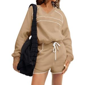 Fisoew Womens Sweatsuits 2 Piece Outfits V Neck Fleece Sweatshirts Contrast High Waisted Shorts Casual Tracksuits Lounge Sets (Brown)