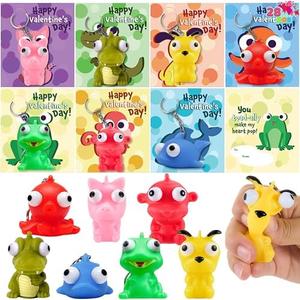 JOYIN 28 Packs Valentine's Day Gift Cards with Popping Eyes Animal Keychains for Kids Party Favor, Classroom Exchange Prizes, Valentine’s Greeting Cards