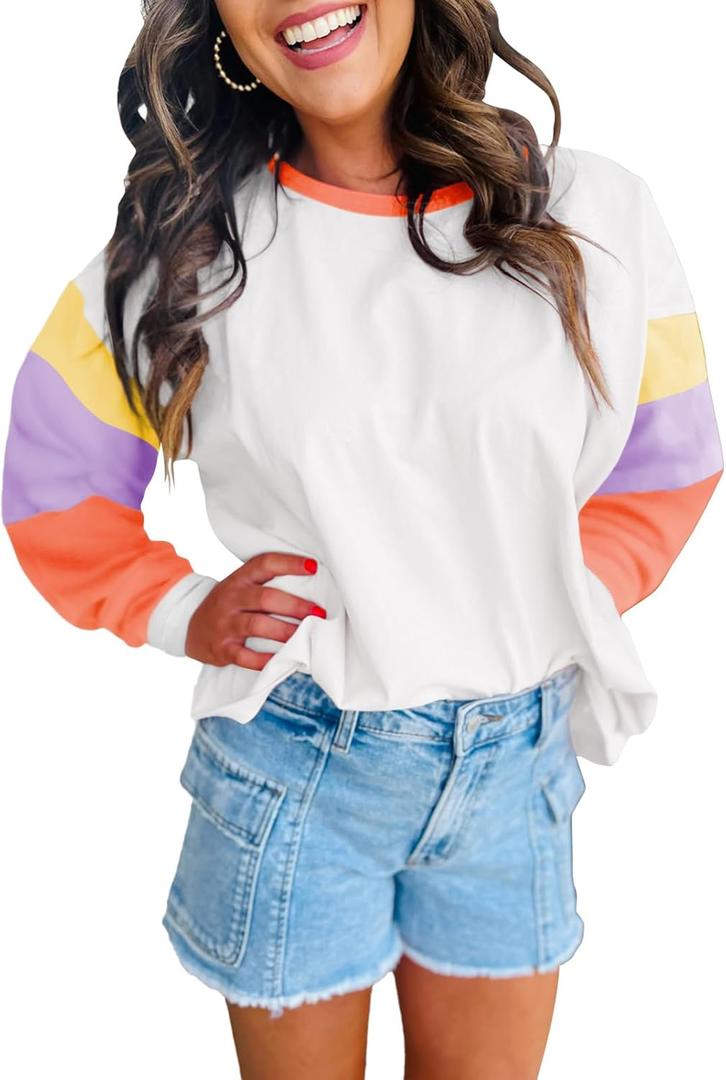 miduo Womens Long Sleeve Tops Color Block Stitching Casual Loose Fit Crew Neck Shirts Blouses (White, XL)
