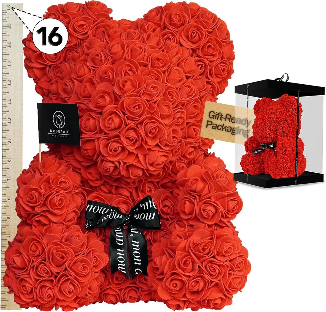 Large 16 Inch Rose Bear Flower Bear Gift Set with Luxury Gift Box, Handmade Artificial Rose Teddy Bear, Valentine Gift for Her, Anniversary, Birthday