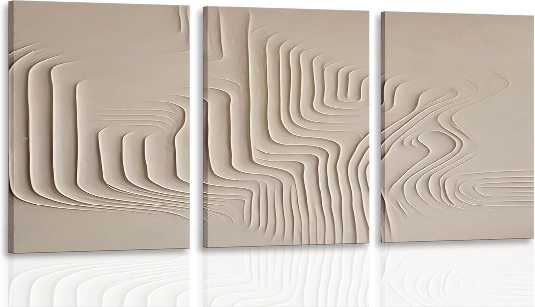 3Pcs Framed Beige Cream Abstract Textured Line Art Curved Canvas Wall Art Prints Posters Pictures Paintings Wall Decor for Minimalist Boho Living Room Bedroom Office Decoration