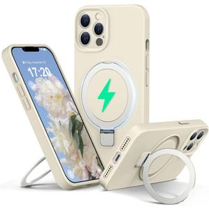 Liquid Silicone Case for iPhone 12 pro MAX with Magnetic Ring Stand, Upgraded Camera Lens Protection, Mil-Grade Drop Shockproof, Anti-Scratch Microfiber Lining Silicone Case (Beige)