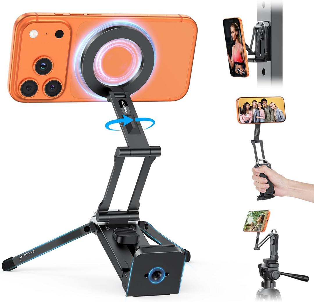 OMOTON TP02 360Rotating for MagSafe Tripod, New Upgrade with 1/4" Screw Arca, Adjustable Magnetic Phone Tripod for iPhone 17/16/15 Pro Max Air, Foldable Selfie Stick Fits Vlog, Gym, Black Pro