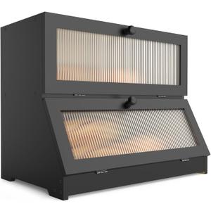 Double Layer Bamboo Bread Box for Kitchen Counter-Large Capacity Bread Storage Container Farmhouse Bread Box with Window Bread Holder (Black)