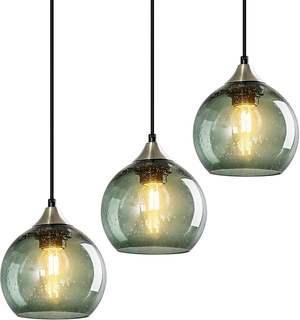 Gray Green Glass Pendant Lights Kitchen Island Lighting Globe Pendant Light Fixtures Modern Pendant Lighting for Kitchen Island Bedroom Living Dining Room Light Fixture (5.9in, Pack of 3)