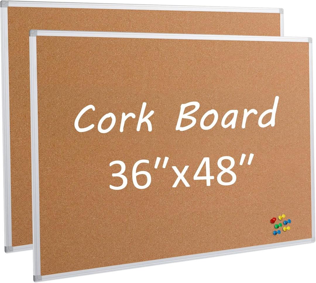 2 Pack Cork Board Bulletin Board 36 x 48, Silver Aluminium Framed 4x3 Corkboard, Office Board for Wall Cork, Large Wall Mounted Notice Pin Board
