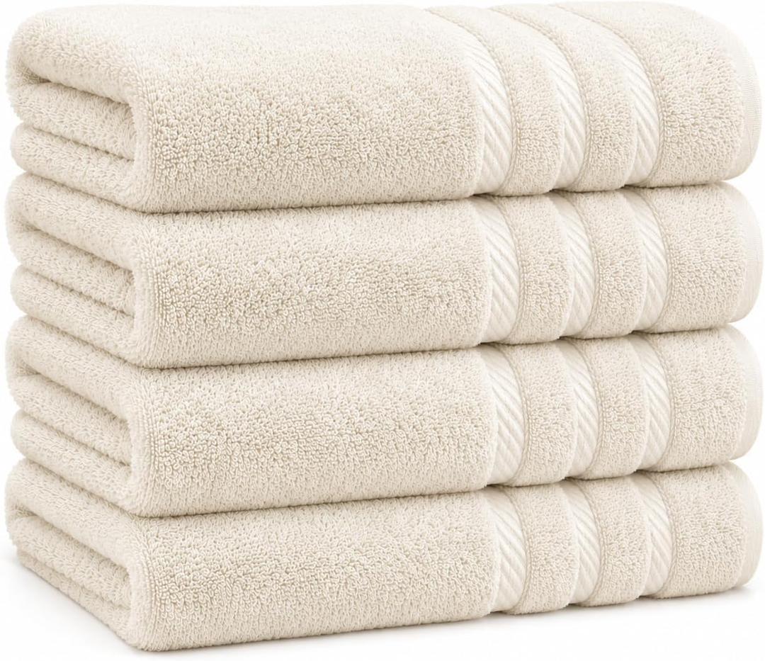 Bath Towels 27x54 Pack of 4 | Soft & Quick-Dry | Highly Absorbent 100% Ring Spun Cotton Towels for Bathroom, Spa, Home & Hotel Use (Ecru)