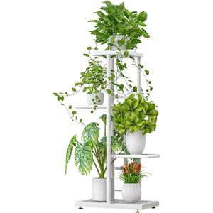 LINZINAR Plant Stand Indoor Outdoor Metal 4 Tier 5 Potted Multiple Flower Pot Holder Shelf Planter Display Shelving Unit for Patio Garden Corner Balcony Living Room (4 Tier 5 Potted, White)