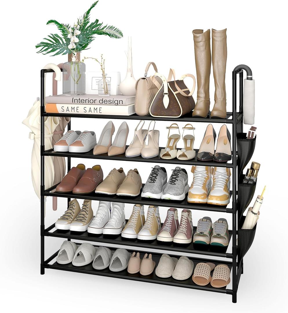 5 Tier Shoe Rack with Side Pocket,Metal Black Shoe Organizer Storage Shelf for 20-25 Pairs,Free Standing Shoe Rack Organizer for Front Door Entryway,Closet,Hallway,Bedroom,Small Spaces