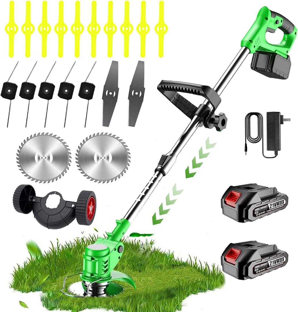 Electric Weed Wacker Cordless, with 2 X 21V 2.0Ah Battery Powered, 3 in 1 Stringless Grass Trimmer/Mini Mower/Brush Cutter Cordless 4 Types of Cutting Blades, Brush Cutter for Lawn Yard Garden