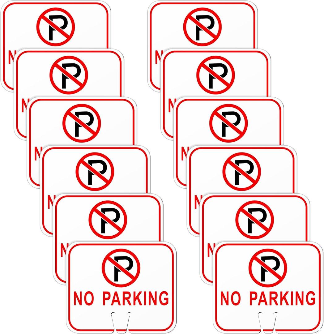 Geetery 12 Pcs No Parking Signs Traffic Cone, 12.6 x 10.43 Inches Plastic Traffic Cone Top Warning Sign for Road Barricade Outdoor Construction Waterproof