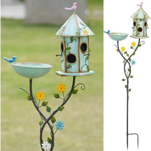HLQMFHT 56" H Bird Baths and Bird Houses with Pole,Metal Bird Bath Bowl,birdhouses for Outdoors,Bird Bath with Stake,Garden Yard Decor