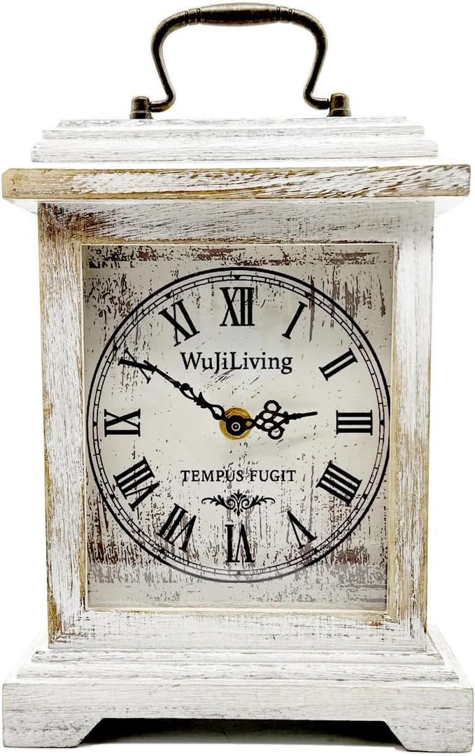 Rustic White Distressed Wood Mantel Clock, Silent Quartz Roman-Numeral Shelf/Fireplace Table Clock for Living Room & Home Dcor