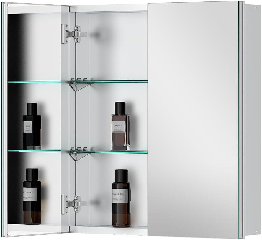 Quavikey Medicine Cabinet with Mirror for Bathroom 2 Doors Aluminum Surface Mount or Recessed Mirror Medicine Cabinet 24x26 Inch, Silver