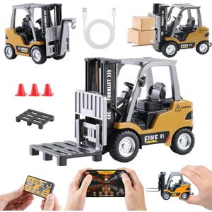 GRANTLEY Remote Control RC Forklift Cranes,1/64 Mini Rechargeable Forklift Truck,2 in 1 Transform Lift Fork & Hook, w/Boxes/Sound and Light, Forklift Toy RC Construction Vehicles Toy Gift for Kids