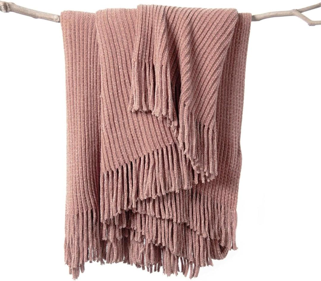 lifein Pink Throw Blanket for Couch, Soft Boho Decor Bed Throw,Cozy Chenille Knitted Small Farmhouse Lightweight Throw (Pink,50 * 60")