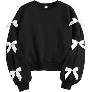 Girls Sweatshirt Cute Bow Tie Long Sleeve Crewneck Pullover Top Casual Fall Winter (7-8 Years, Black)