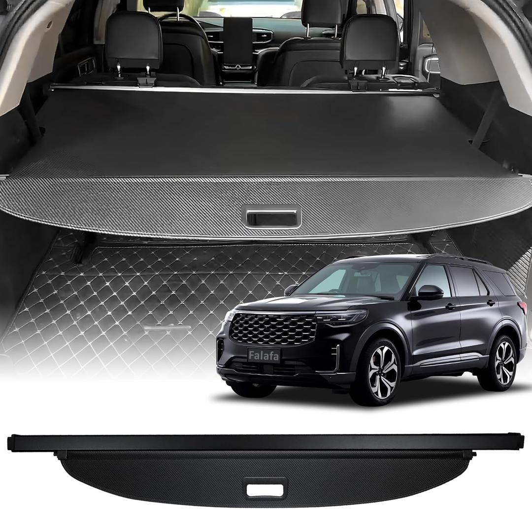 Falafa Trunk Cargo Cover for Ford Explorer 2020-2025, Retractable Cargo Cover with Carbon Fiber Texture Ends Punch-Free, Trunk Shade Shield Rear Security Cover for Explorer Accessories