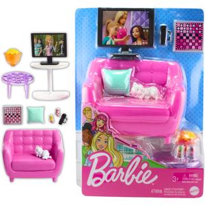Barbie Indoor Furniture Playset, Living Room Includes Kitten, Furniture and Accessories for Movie and Game Night