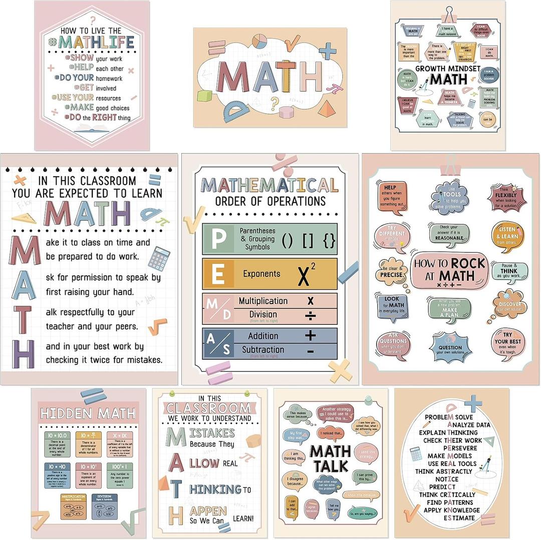 4 x Sinload 10 Pcs Math Posters Inspirational Classroom Decorations
