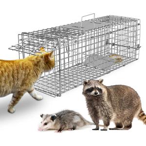 Live Animal Trap Cage, Large Foldable Galvanized Steel Humane Animal Cage Trap, Heavy Duty Metal Trap Cage for Small Stray Cat Raccoon Groundhog Squirrel Chipmunk Mole Gopher Skunk 24"x7.5"x8"