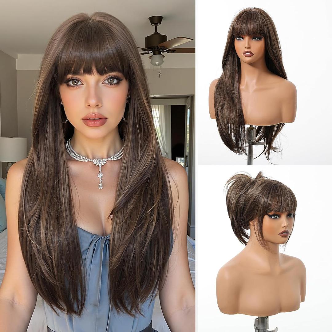 testar Long Dark Brown Straight Wigs With Bangs Long Brown Mixed Blonde Highlights Synthetic Layered Wigs for Women Daily Use 26IN