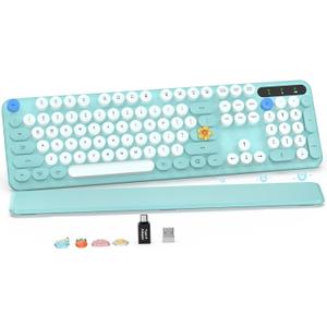 Wireless Keyboard, Round Keycaps, Retro Typewriter Keyboard with Detachable Wrist Rest, Sleep Mode, Foldable Legs, 2.4GHz FullSize Cordless Computer Keyboard for Windows/PC/Laptop (Tiffany Blue)