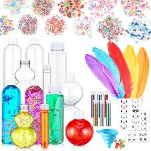 Baderke 12 Pcs Sensory Bottles Kits Plastic Clear Bottles with Lids Calm Down Containers Include Funnel, Glitters, Stickers, Glitter Powder, Feathers, Small Color Balls for DIY Art Classroom Crafts