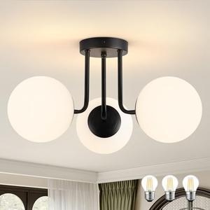 JERANDO Modern Semi Flush Mount Ceiling Light, 3-Light Glass Globe Ceiling Light Fixture, Matte Black Mid Century Sputnik Chandelier for Living Room, Bedroom, Hallway, Kitchen (Blub Included)