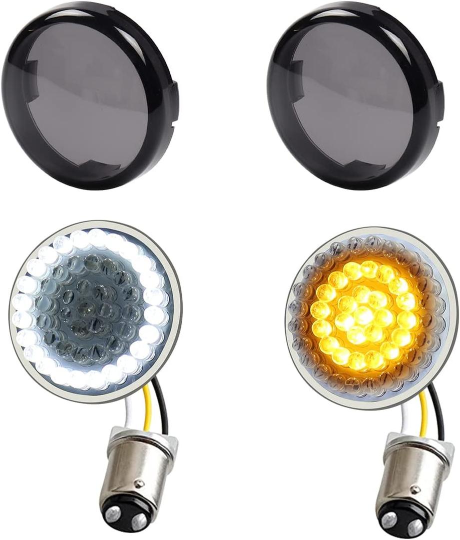 1157 Front LED Turn Signal Lights, 2 Inch Bullet Running Light with Smoked Lens Cover for Harley Sporster 1200, Dyna, Road King, Street Glide, Softail 2020 (Amber+White)