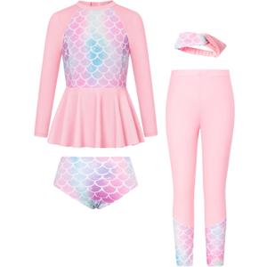GRACE KARIN Girls Long Sleeve Bathing Suit Size 6 Girls Swimsuit for Kids Rash Guard 5-6 Years, Pink-mermaid