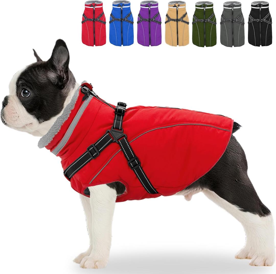 Fragralley Dog Coat with Harness Built in, Waterproof Windproof Reflective Warm Puffer Jacket, Fleece Lined Vest Winter Parka for Small, Medium, Large Dogs (Red), S