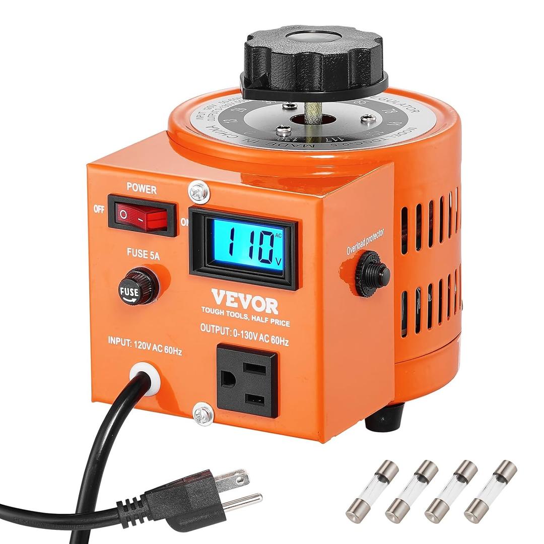 VEVOR Auto Variable Voltage Transformer 500VA, 3.84 Amp 110V Input 0-130V Output AC Voltage Regulator, with LCD Display 4 Extra Fuses Thermal Control Switch for Home Industrial Office