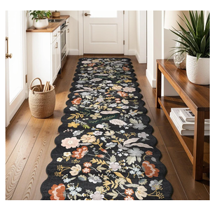 3x12ft Long Hallway Runner Rug - Non Slip Washable Floral Floor Runner for Kitchen Entryway Bathroom，Boho Low Pile Thin Rubber Backed Scalloped Carpet Runner (Black, 3x12)
