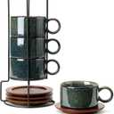 LUKA 6 Ounce Porcelain Stackable Espresso Cups with Saucers and Metal Stand Set of 4, Ceramic Cappuccino Cups Set for Specialty Coffee Drinks, Latte, Cafe Mocha and Tea, Reactive Dark Green