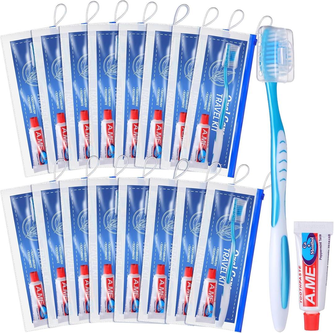 FoldTier 30 Set Toothbrush and Cover Travel Kit Bulk with Toothpaste Individually Wrapped Travel Size Toothbrush Set Soft Bristles Resealable Portable and Reusable Bag for Homeless Hotel Home Charity