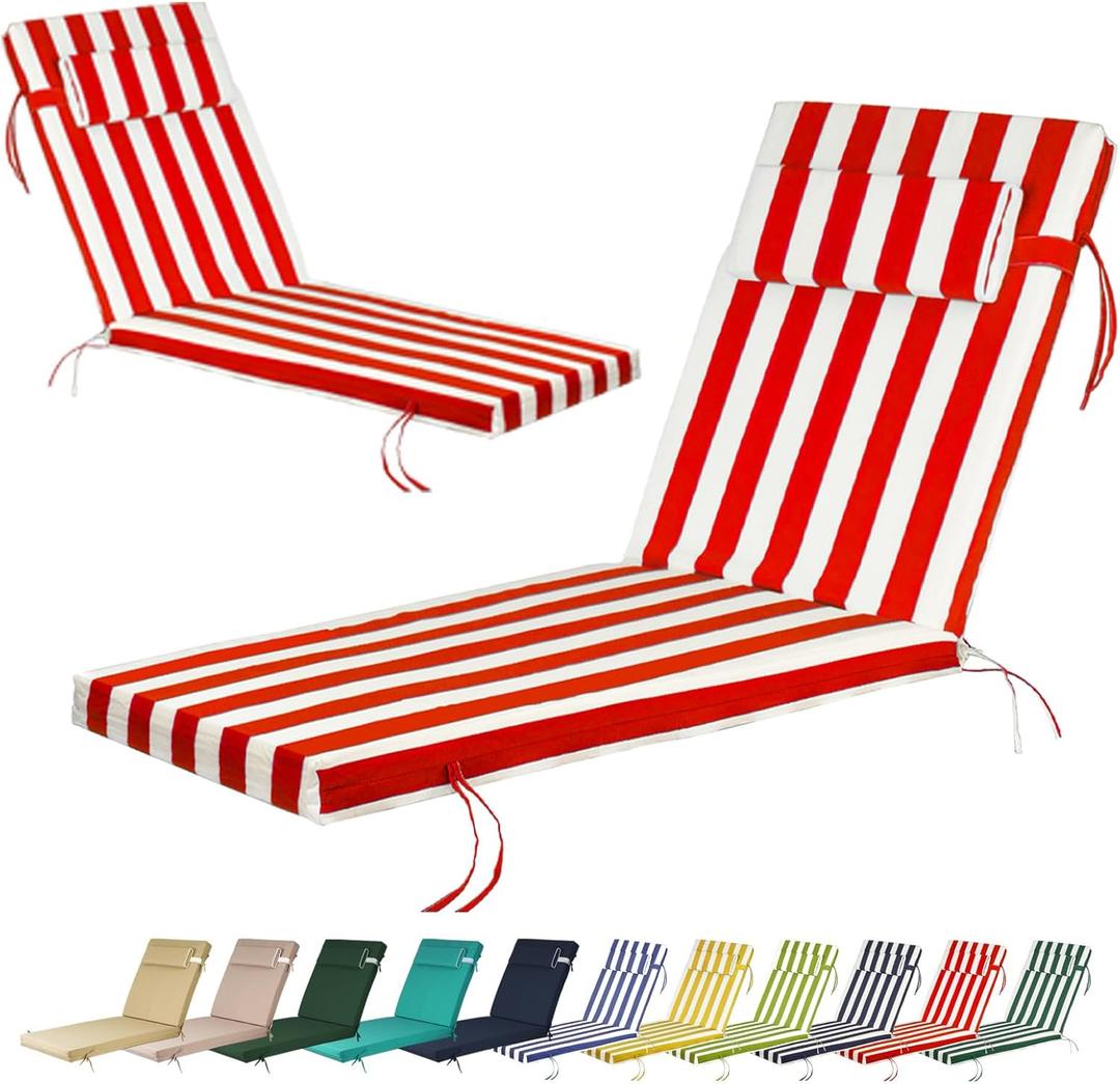 Chaise Lounge Cushions for Outdoor Furniture, Waterproof 74 x 22Inch Patio Chaise Lounge Cushion with Ties, 2.8 inch Thicks Replacement Cushion for Lawn Pool (Red White Stripe, 72 * 21 inch)