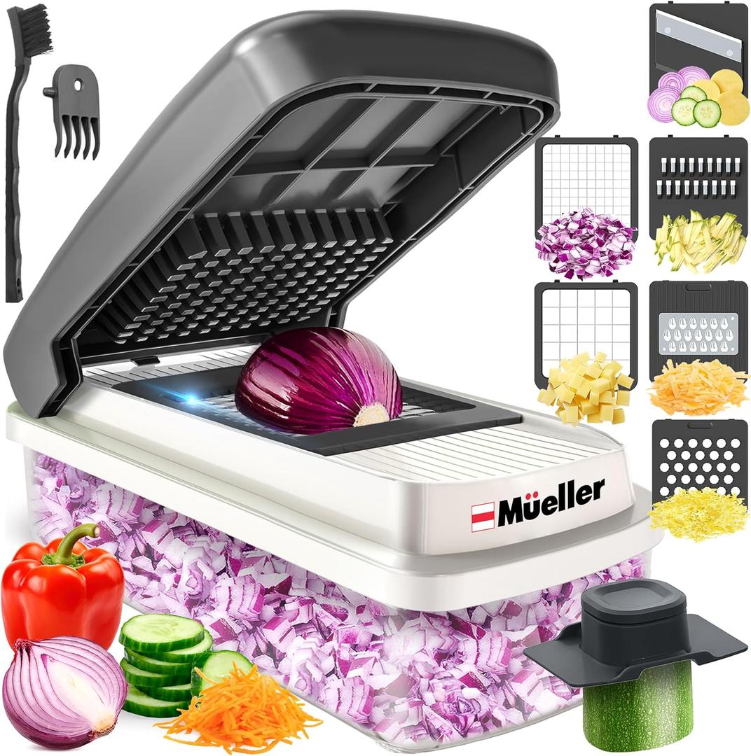 Mueller Vegetable Chopper Mandoline Slicer, Food Veggie Chopper, Cheese Grater, Onion Vegetable Cutter with Container, Dicer, Kitchen Gadgets & Essentials, White Sand/Grey (6 blade) Mueller Vegetable Chopper Mandoline Slicer, Food Veggie Chopper, Cheese Grater, Onion Vegetable Cutter with Container, Dicer, Kitchen Gadgets & Essentials, White Sand/Grey (6 blade)