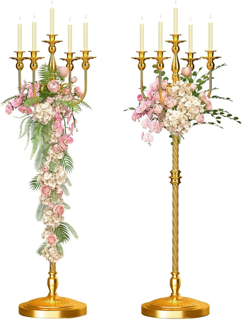 Baoz 2 Pcs Floor Candelabra 50 Inch Gold Antique Floor Candle Holders Metal 5 Arms Candlesticks Tall Candelabra Flower Centerpiece Decoration for Wedding Christmas Halloween Party Ceremony Home
