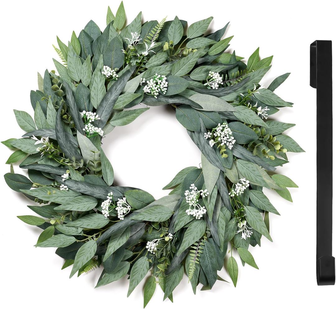 26" Eucalyptus Wreath for Front Door - Large Artificial Greenery Outdoor Wreath with A Hook & DIY Decor for Porch, Window, Farmhouse, Home, Holiday Decor- Spring, Summer, Fall, All Seasons (Green)