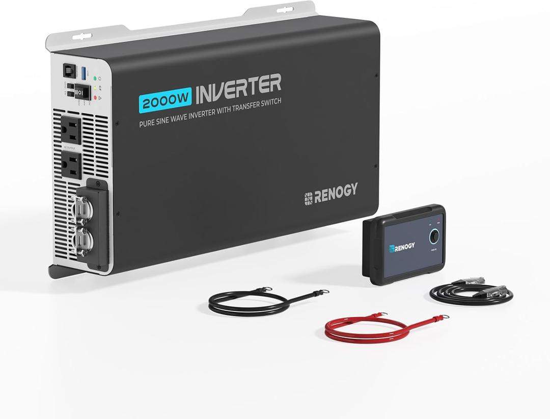 Renogy Inverter PUH 2000 watt Pure Sine Wave Inverter, Built-in Transfer Switch and Bluetooth, Car Power Inverter 12V to 120V AC Converter for RV, Truck, Camping, Home, Emergency, Off-Grid Living (2KW)